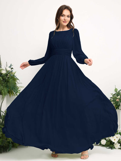 Carlyna Robe trapèze en mousseline avec encolure bateau manches longues pour demoiselle d'honneur Bleu Marine #couleur_bleu-marine