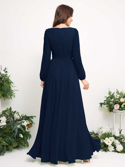 Carlyna Robe trapèze en mousseline avec encolure bateau manches longues pour demoiselle d'honneur Bleu Marine #couleur_bleu-marine