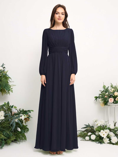 Carlyna Robe trapèze en mousseline avec encolure bateau manches longues pour demoiselle d'honneur Bleu Marine Foncé #couleur_bleu-marine-fonc