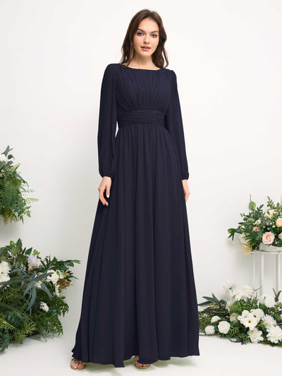 Carlyna Robe trapèze en mousseline avec encolure bateau manches longues pour demoiselle d'honneur Bleu Marine Foncé #couleur_bleu-marine-fonc