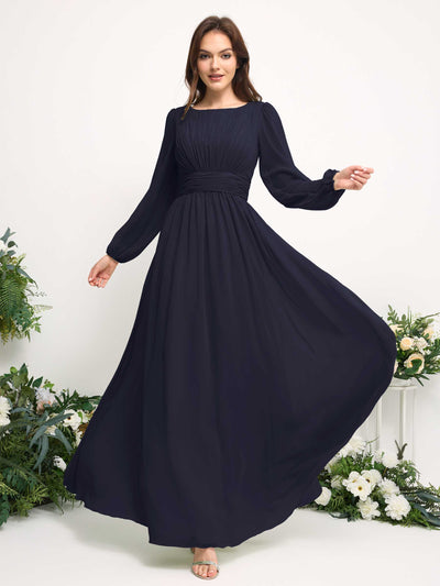 Carlyna Robe trapèze en mousseline avec encolure bateau manches longues pour demoiselle d'honneur Bleu Marine Foncé #couleur_bleu-marine-fonc