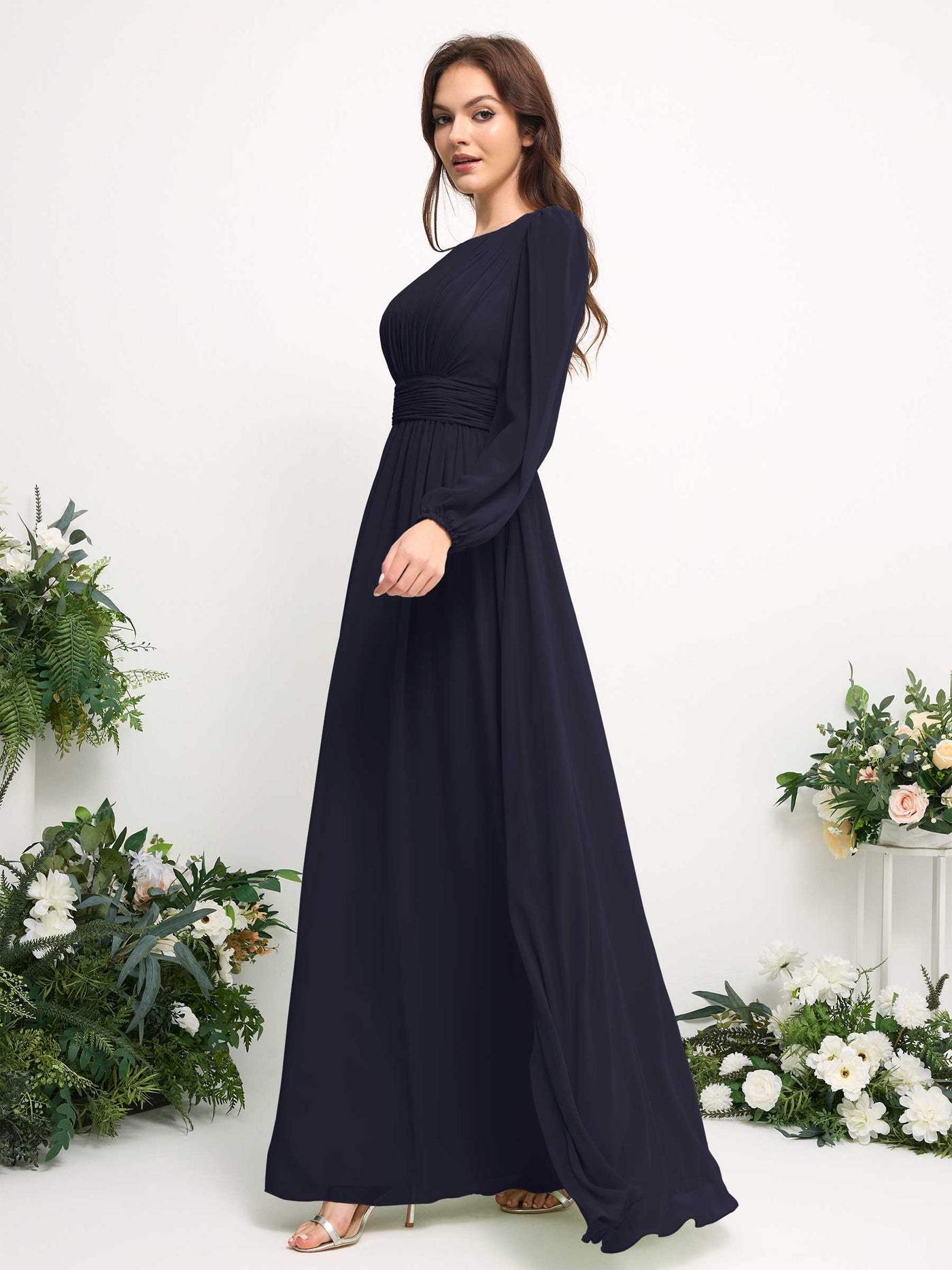 Carlyna Robe trapèze en mousseline avec encolure bateau manches longues pour demoiselle d'honneur Bleu Marine Foncé #couleur_bleu-marine-fonc