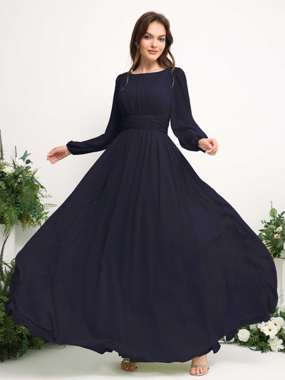 Carlyna Robe trapèze en mousseline avec encolure bateau manches longues pour demoiselle d'honneur Bleu Marine Foncé #couleur_bleu-marine-fonc