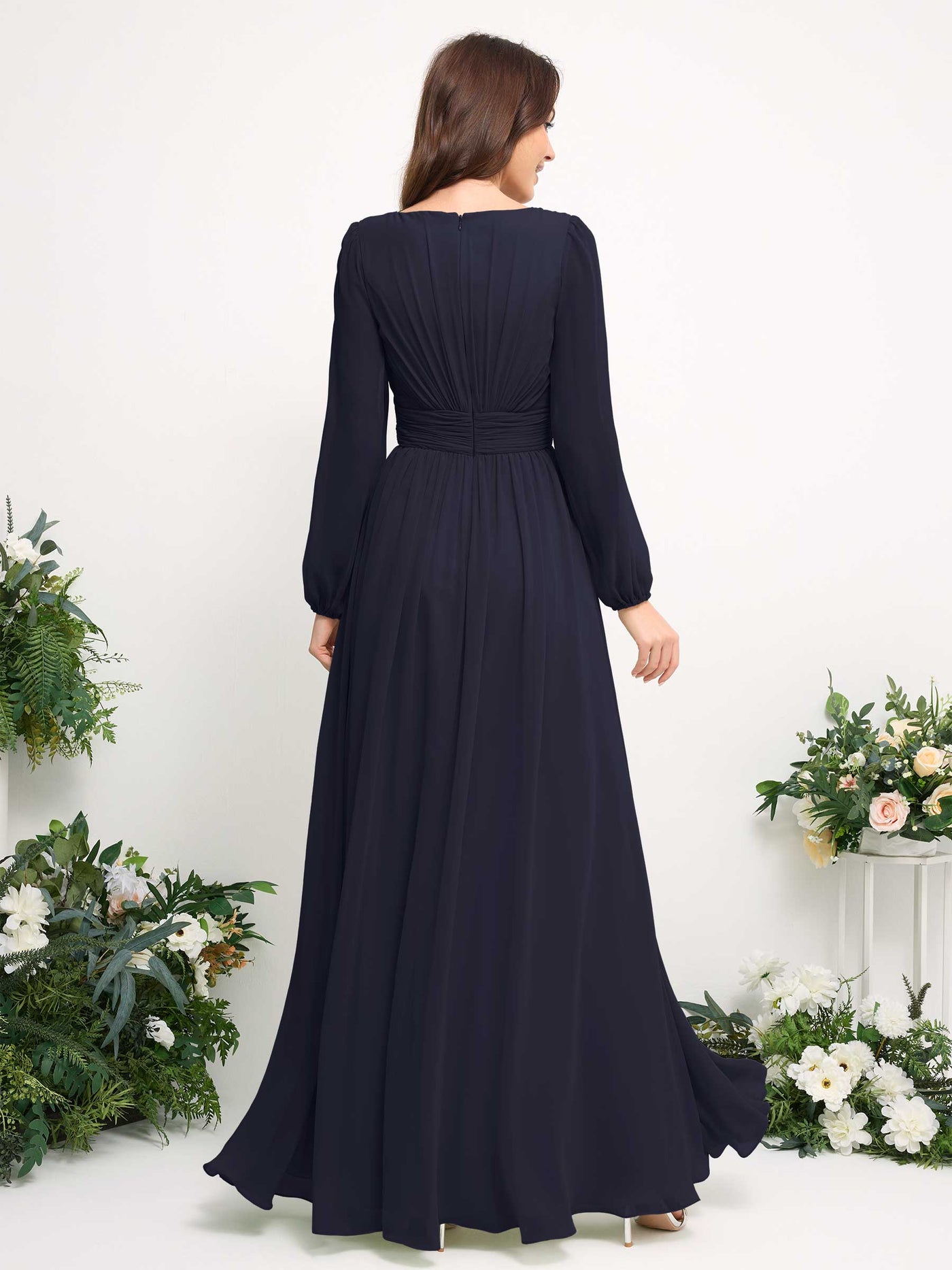 Carlyna Robe trapèze en mousseline avec encolure bateau manches longues pour demoiselle d'honneur Bleu Marine Foncé #couleur_bleu-marine-fonc