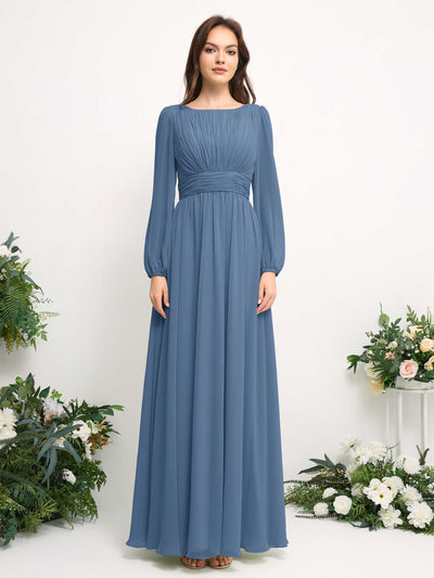 Carlyna Robe trapèze en mousseline avec encolure bateau manches longues pour demoiselle d'honneur Bleu Poussiéreux #couleur_bleu-poussi-reux
