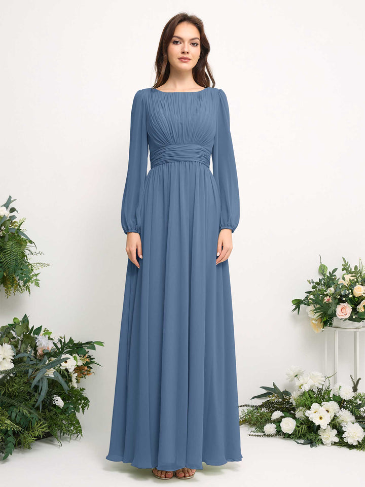 Carlyna Robe trapèze en mousseline avec encolure bateau manches longues pour demoiselle d&