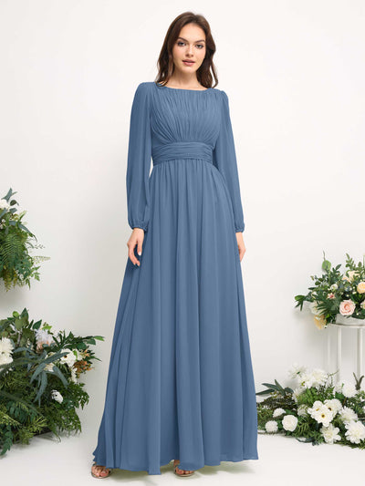 Carlyna Robe trapèze en mousseline avec encolure bateau manches longues pour demoiselle d'honneur Bleu Poussiéreux #couleur_bleu-poussi-reux
