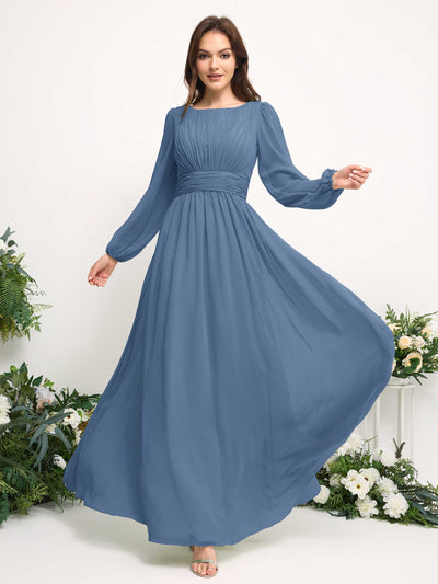Carlyna Robe trapèze en mousseline avec encolure bateau manches longues pour demoiselle d'honneur Bleu Poussiéreux #couleur_bleu-poussi-reux