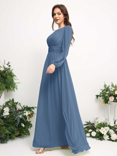 Carlyna Robe trapèze en mousseline avec encolure bateau manches longues pour demoiselle d'honneur Bleu Poussiéreux #couleur_bleu-poussi-reux