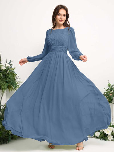 Carlyna Robe trapèze en mousseline avec encolure bateau manches longues pour demoiselle d'honneur Bleu Poussiéreux #couleur_bleu-poussi-reux