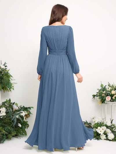 Carlyna Robe trapèze en mousseline avec encolure bateau manches longues pour demoiselle d'honneur Bleu Poussiéreux #couleur_bleu-poussi-reux