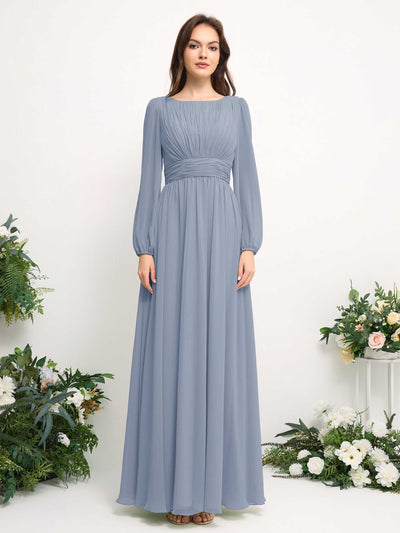 Carlyna Robe trapèze en mousseline avec encolure bateau manches longues pour demoiselle d'honneur Bleu Poussiéreux Amélioré #couleur_bleu-poussi-reux-am-lior