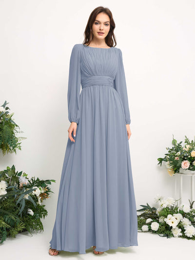 Carlyna Robe trapèze en mousseline avec encolure bateau manches longues pour demoiselle d'honneur Bleu Poussiéreux Amélioré #couleur_bleu-poussi-reux-am-lior