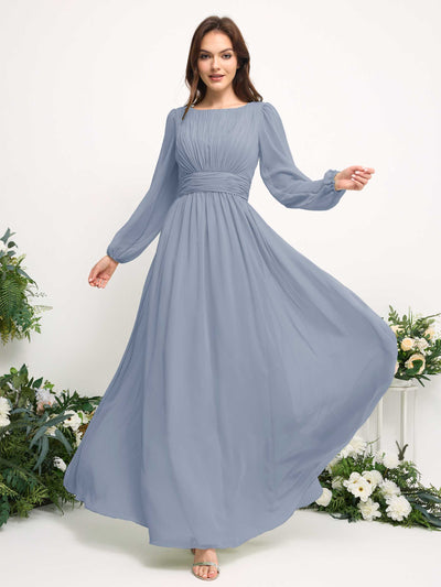 Carlyna Robe trapèze en mousseline avec encolure bateau manches longues pour demoiselle d'honneur Bleu Poussiéreux Amélioré #couleur_bleu-poussi-reux-am-lior