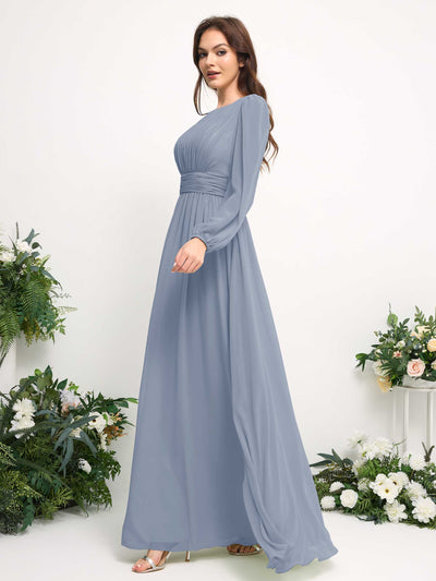 Carlyna Robe trapèze en mousseline avec encolure bateau manches longues pour demoiselle d'honneur Bleu Poussiéreux Amélioré #couleur_bleu-poussi-reux-am-lior