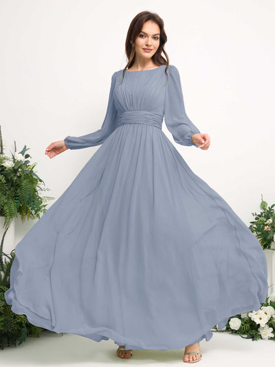 Carlyna Robe trapèze en mousseline avec encolure bateau manches longues pour demoiselle d'honneur Bleu Poussiéreux Amélioré #couleur_bleu-poussi-reux-am-lior