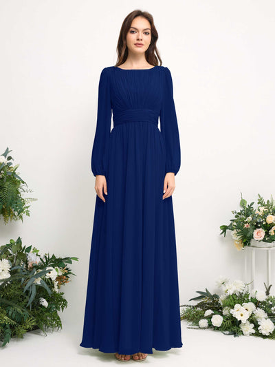 Carlyna Robe trapèze en mousseline avec encolure bateau manches longues pour demoiselle d'honneur Bleu Roi #couleur_bleu-roi