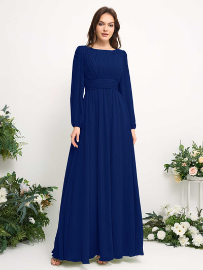 Carlyna Robe trapèze en mousseline avec encolure bateau manches longues pour demoiselle d'honneur Bleu Roi #couleur_bleu-roi