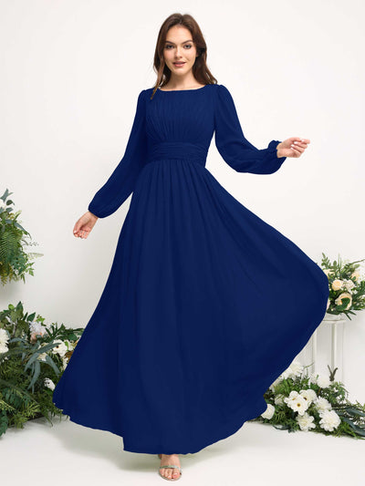 Carlyna Robe trapèze en mousseline avec encolure bateau manches longues pour demoiselle d'honneur Bleu Roi #couleur_bleu-roi