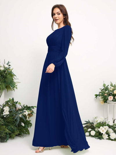 Carlyna Robe trapèze en mousseline avec encolure bateau manches longues pour demoiselle d'honneur Bleu Roi #couleur_bleu-roi