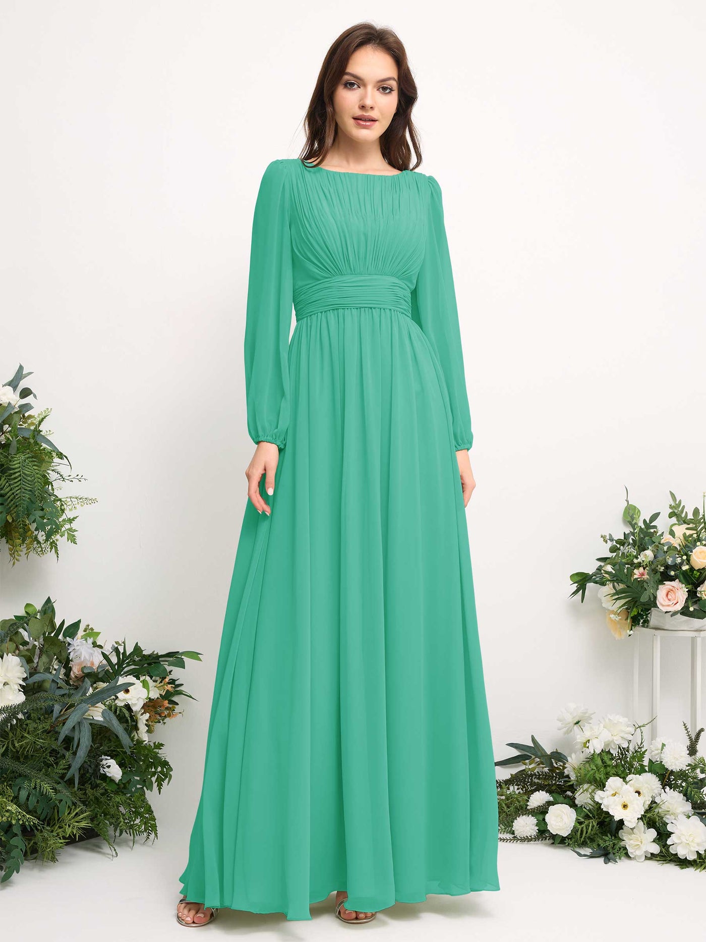 Carlyna Robe trapèze en mousseline avec encolure bateau manches longues pour demoiselle d'honneur Bleu Tiffany #couleur_bleu-tiffany