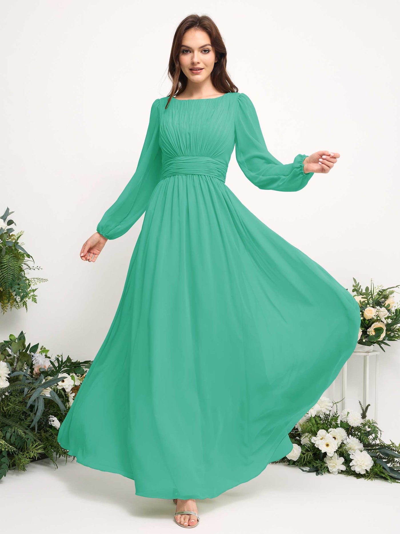 Carlyna Robe trapèze en mousseline avec encolure bateau manches longues pour demoiselle d'honneur Bleu Tiffany #couleur_bleu-tiffany