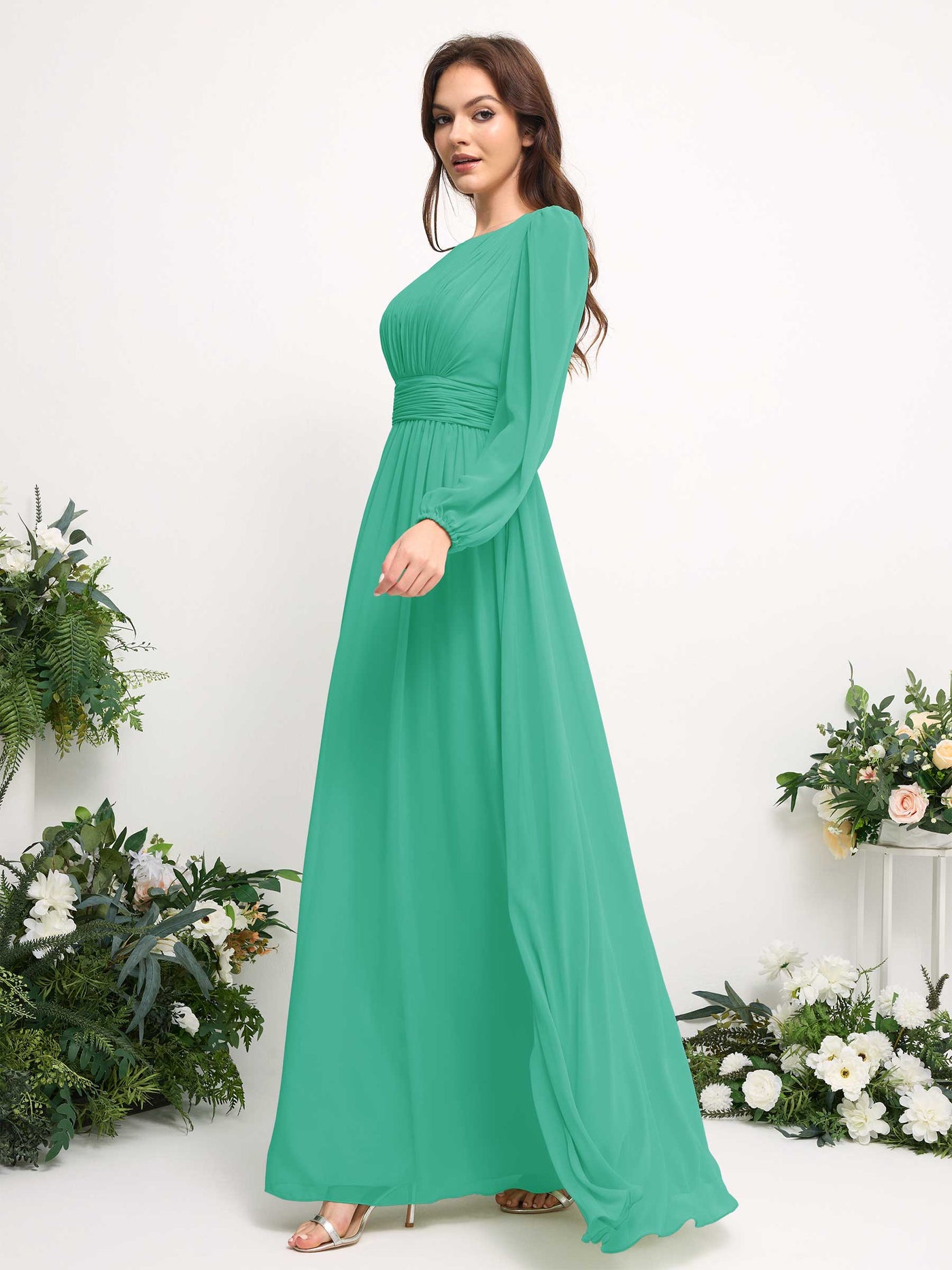 Carlyna Robe trapèze en mousseline avec encolure bateau manches longues pour demoiselle d'honneur Bleu Tiffany #couleur_bleu-tiffany