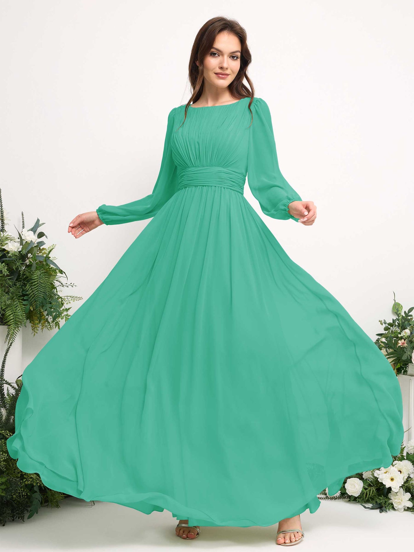 Carlyna Robe trapèze en mousseline avec encolure bateau manches longues pour demoiselle d'honneur Bleu Tiffany #couleur_bleu-tiffany