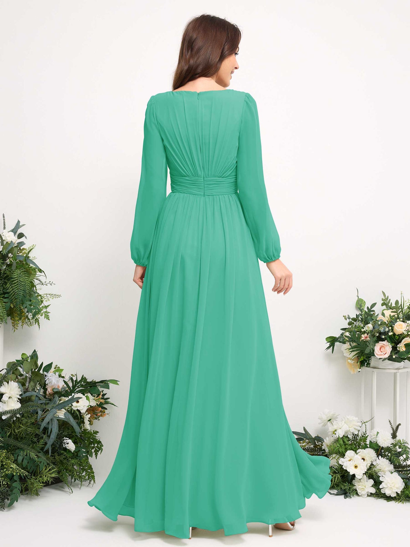 Carlyna Robe trapèze en mousseline avec encolure bateau manches longues pour demoiselle d'honneur Bleu Tiffany #couleur_bleu-tiffany
