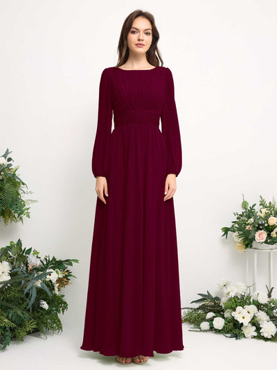 Carlyna Robe trapèze en mousseline avec encolure bateau manches longues pour demoiselle d'honneur Bordeaux #couleur_bordeaux