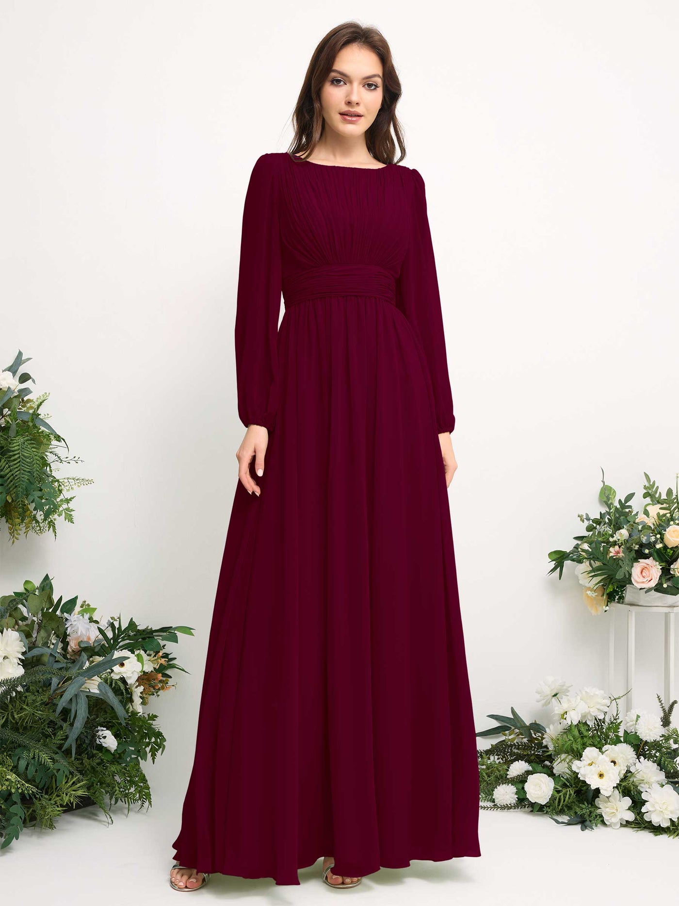 Carlyna Robe trapèze en mousseline avec encolure bateau manches longues pour demoiselle d'honneur Bordeaux #couleur_bordeaux