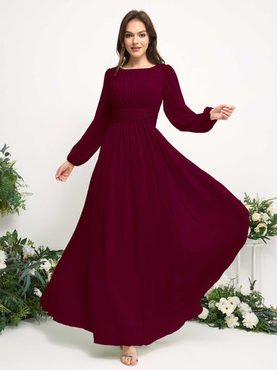 Carlyna Robe trapèze en mousseline avec encolure bateau manches longues pour demoiselle d'honneur Bordeaux #couleur_bordeaux