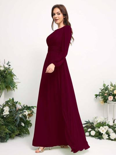 Carlyna Robe trapèze en mousseline avec encolure bateau manches longues pour demoiselle d'honneur Bordeaux #couleur_bordeaux