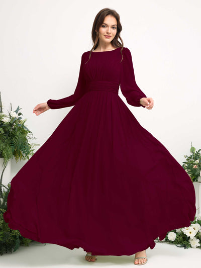 Carlyna Robe trapèze en mousseline avec encolure bateau manches longues pour demoiselle d'honneur Bordeaux #couleur_bordeaux