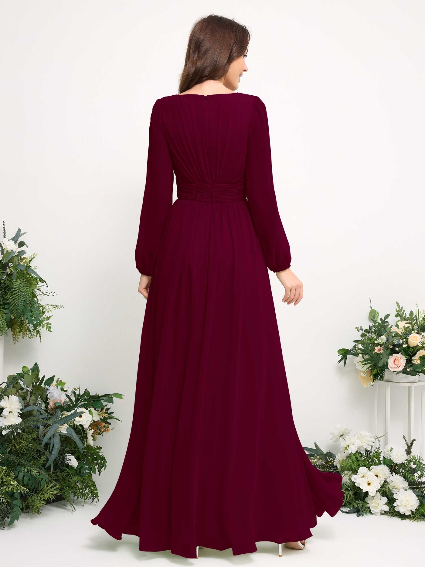 Carlyna Robe trapèze en mousseline avec encolure bateau manches longues pour demoiselle d'honneur Bordeaux #couleur_bordeaux