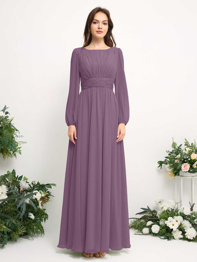 Carlyna Robe trapèze en mousseline avec encolure bateau manches longues pour demoiselle d'honneur Brume Orchidée #couleur_brume-orchid-e