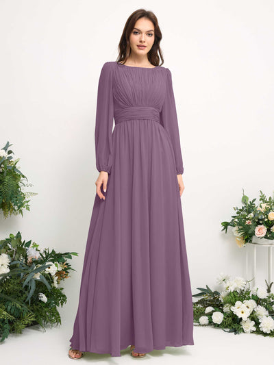 Carlyna Robe trapèze en mousseline avec encolure bateau manches longues pour demoiselle d'honneur Brume Orchidée #couleur_brume-orchid-e