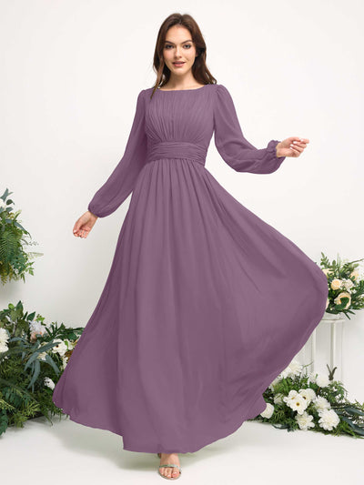 Carlyna Robe trapèze en mousseline avec encolure bateau manches longues pour demoiselle d'honneur Brume Orchidée #couleur_brume-orchid-e