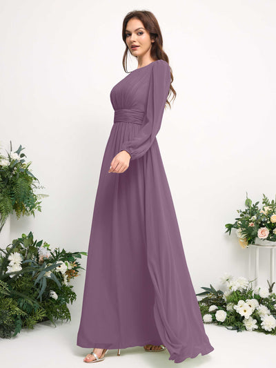 Carlyna Robe trapèze en mousseline avec encolure bateau manches longues pour demoiselle d'honneur Brume Orchidée #couleur_brume-orchid-e
