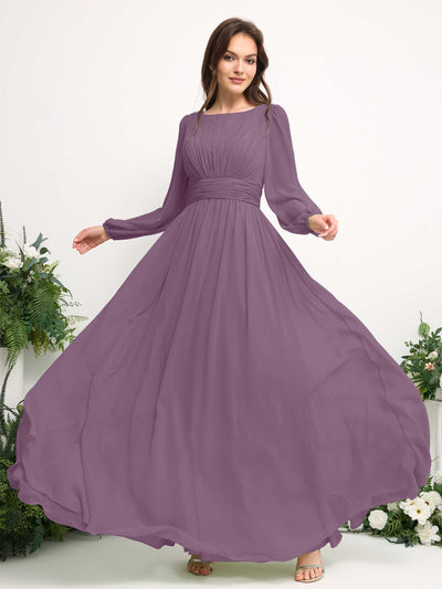 Carlyna Robe trapèze en mousseline avec encolure bateau manches longues pour demoiselle d'honneur Brume Orchidée #couleur_brume-orchid-e