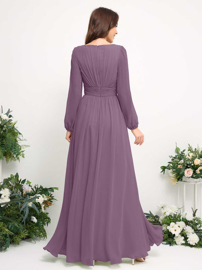 Carlyna Robe trapèze en mousseline avec encolure bateau manches longues pour demoiselle d'honneur Brume Orchidée #couleur_brume-orchid-e