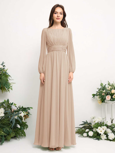 Carlyna Robe trapèze en mousseline avec encolure bateau manches longues pour demoiselle d'honneur Champagne #couleur_champagne