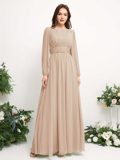 Carlyna Robe trapèze en mousseline avec encolure bateau manches longues pour demoiselle d'honneur Champagne #couleur_champagne