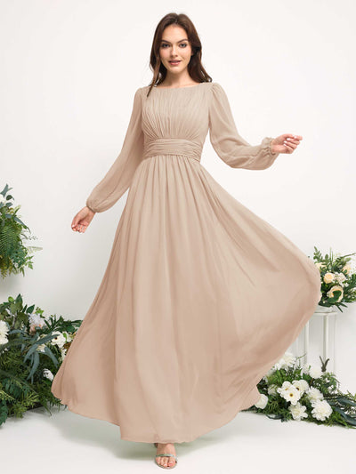 Carlyna Robe trapèze en mousseline avec encolure bateau manches longues pour demoiselle d'honneur Champagne #couleur_champagne
