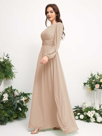 Carlyna Robe trapèze en mousseline avec encolure bateau manches longues pour demoiselle d'honneur Champagne #couleur_champagne