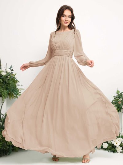 Carlyna Robe trapèze en mousseline avec encolure bateau manches longues pour demoiselle d'honneur Champagne #couleur_champagne