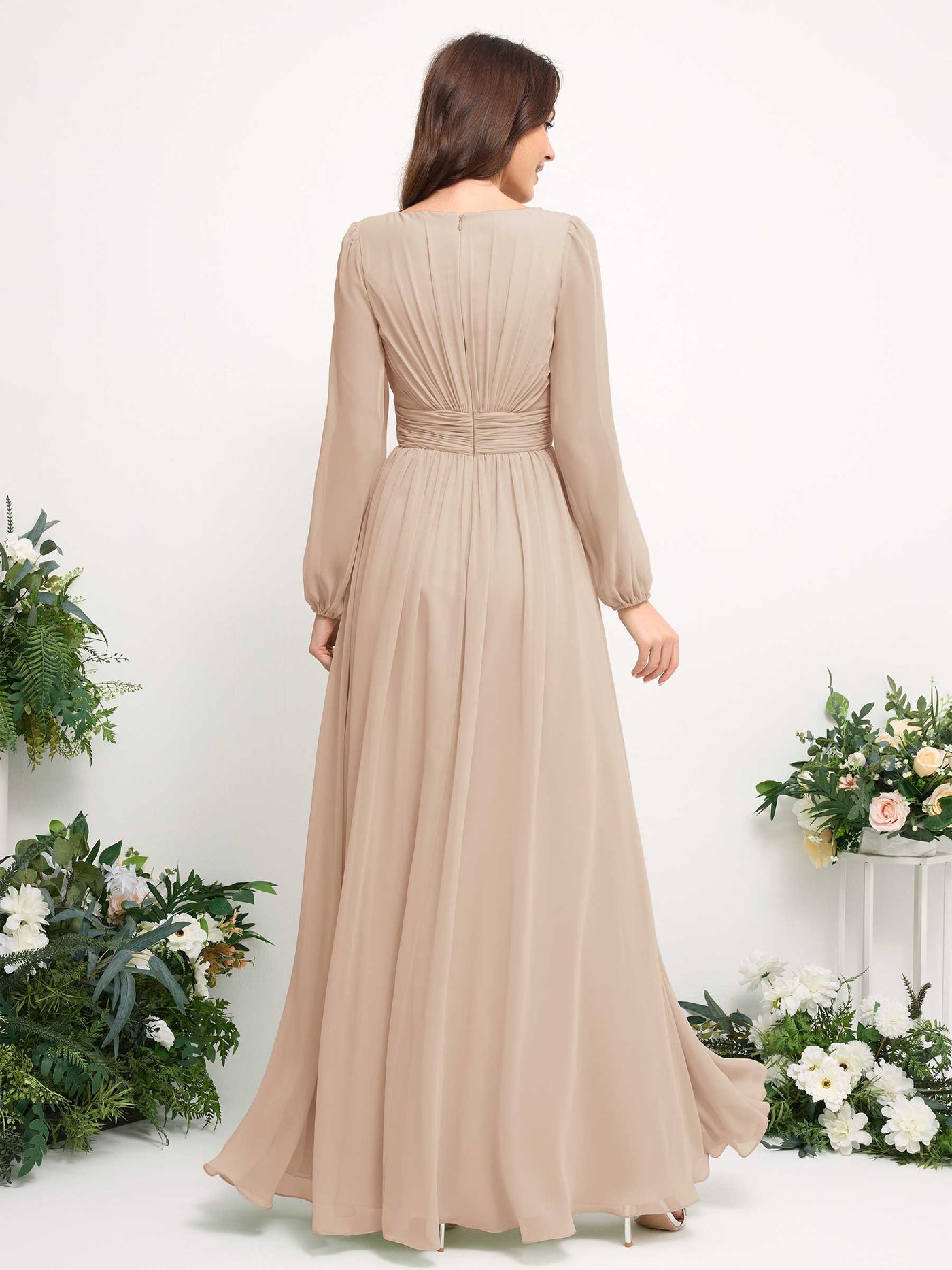 Carlyna Robe trapèze en mousseline avec encolure bateau manches longues pour demoiselle d'honneur Champagne #couleur_champagne