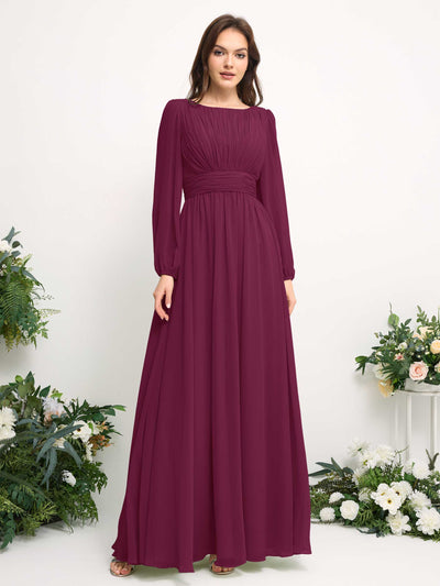 Carlyna Robe trapèze en mousseline avec encolure bateau manches longues pour demoiselle d'honneur Chianti #couleur_chianti