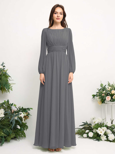 Carlyna Robe trapèze en mousseline avec encolure bateau manches longues pour demoiselle d'honneur Gris Acier #couleur_gris-acier