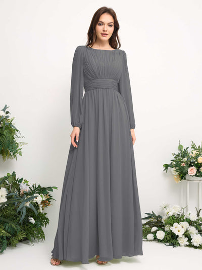 Carlyna Robe trapèze en mousseline avec encolure bateau manches longues pour demoiselle d'honneur Gris Acier #couleur_gris-acier